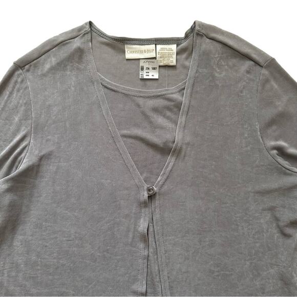 Christie & Jill Gray Long Sleeve Single Button Layered Cardigan Top Medium Tall - Picture 8 of 11